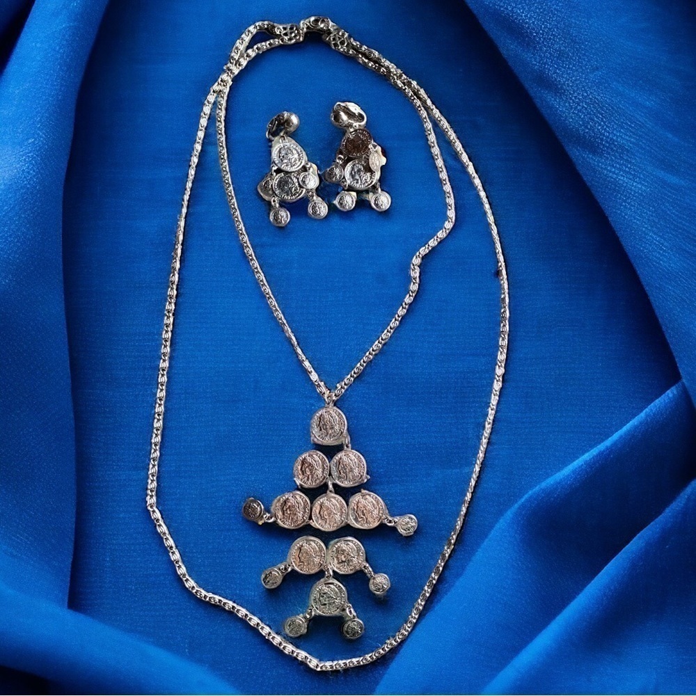French Coin Necklace and Earrings Set Silver Tone